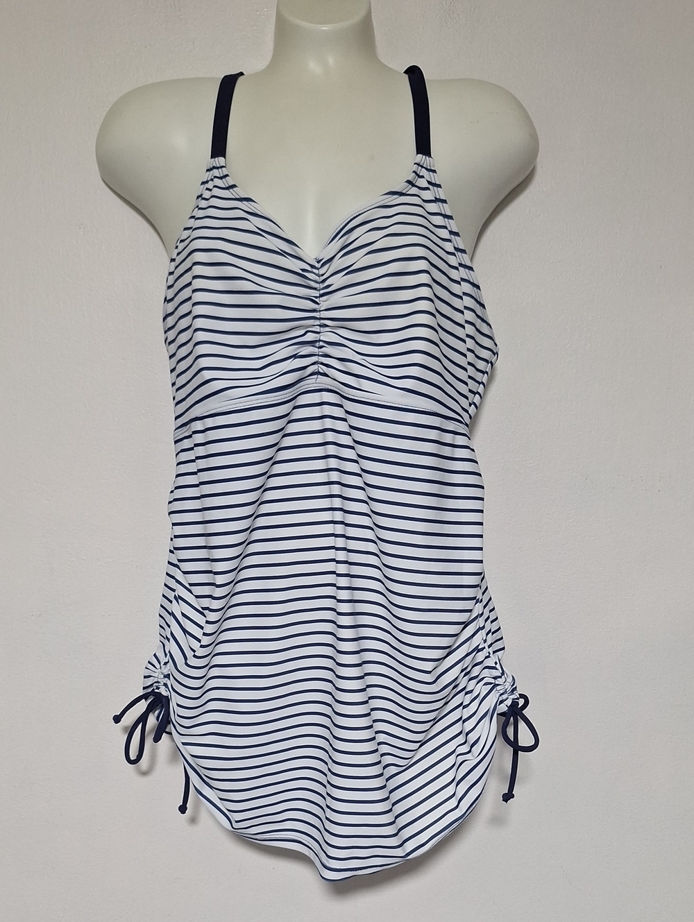 Striped Navy and White Women’s Maternity Tankini Swim Top